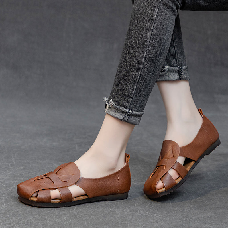 Women's Leather Summer Woven Hollow Out Flat Breathable Sandals