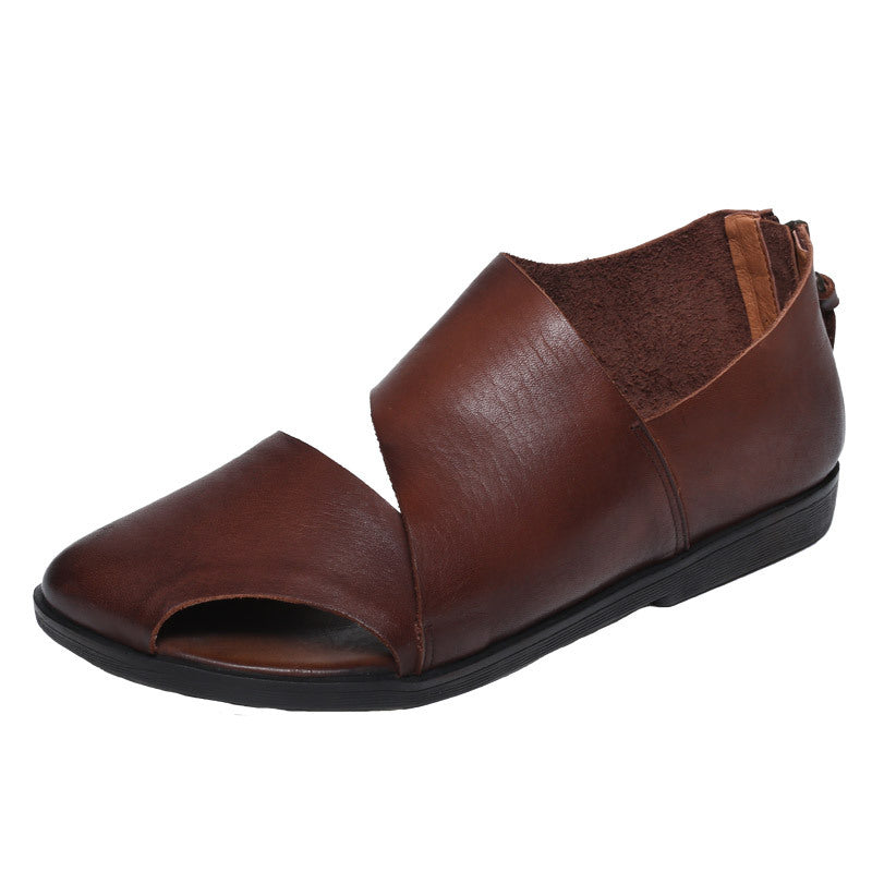 Women's Leather Summer Cut-Out Sandals - Unlined Breathable Back Zipper Closure