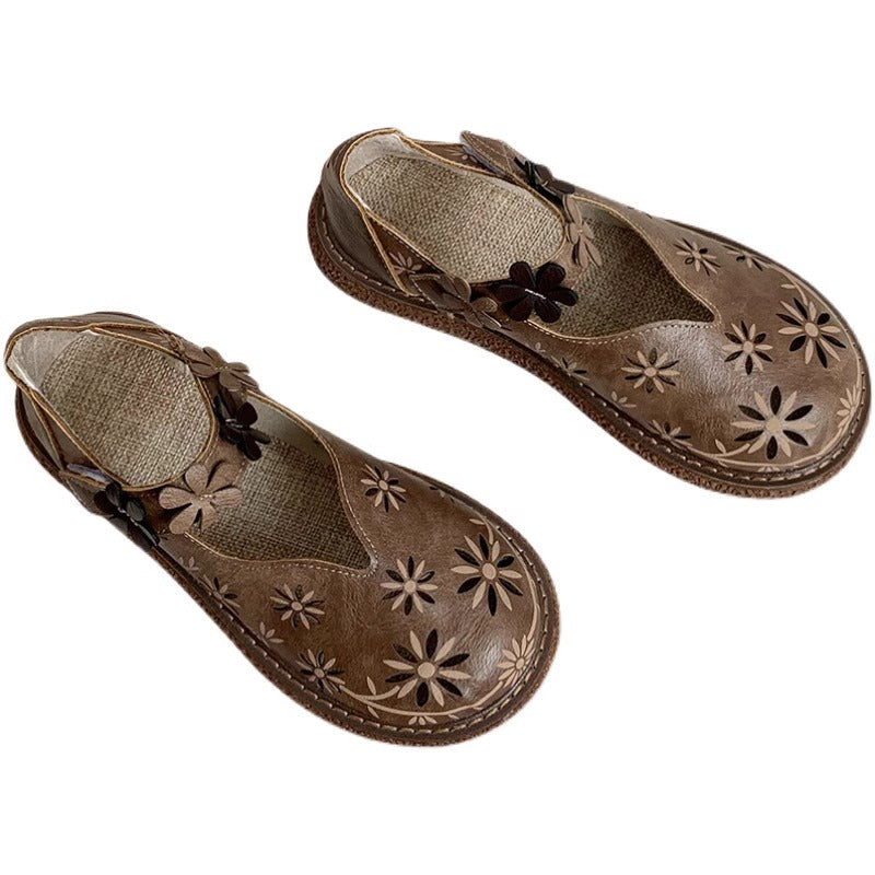 Women's Summer Breathable Flower Hollow Out Flat Literary Style Sandals