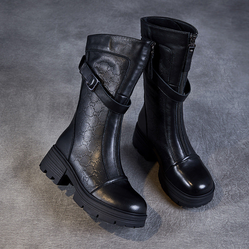 Women's Mid-Calf Embossed Genuine Leather Boots – Buckle Detail Chunky Heel Platform