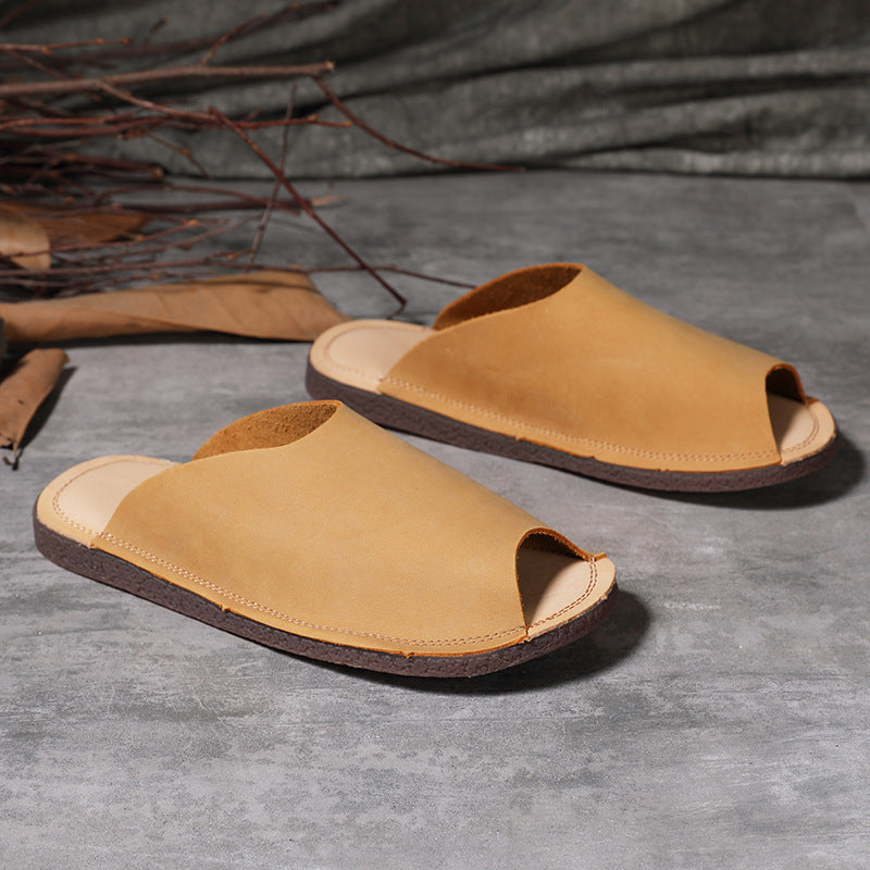 Women's Leather Flat Open Toe Mule Shoes