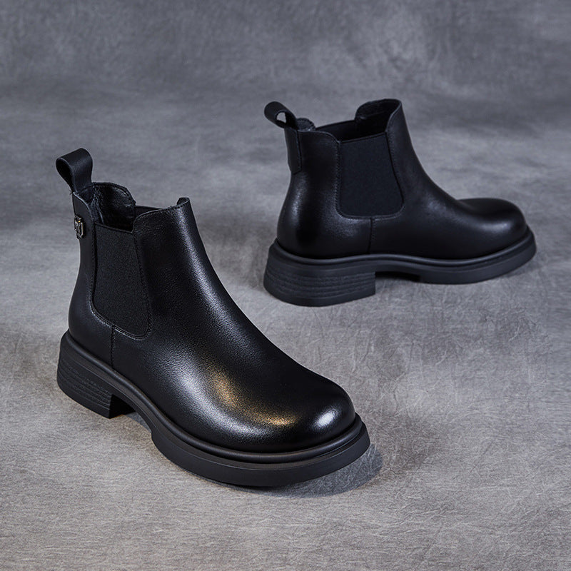 Women's Leather Short Boots – Chelsea Style Chunky Heel Comfort Shoes