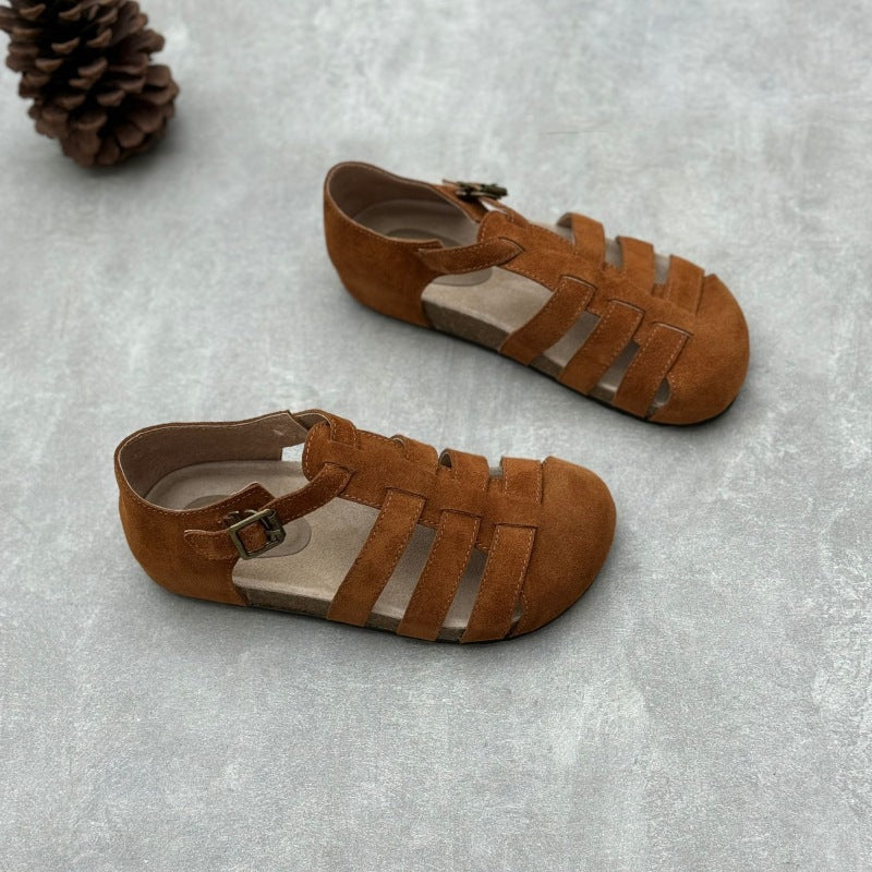 Women's Closed Toe Retro Flat Suede Leather Woven Casual Sandals
