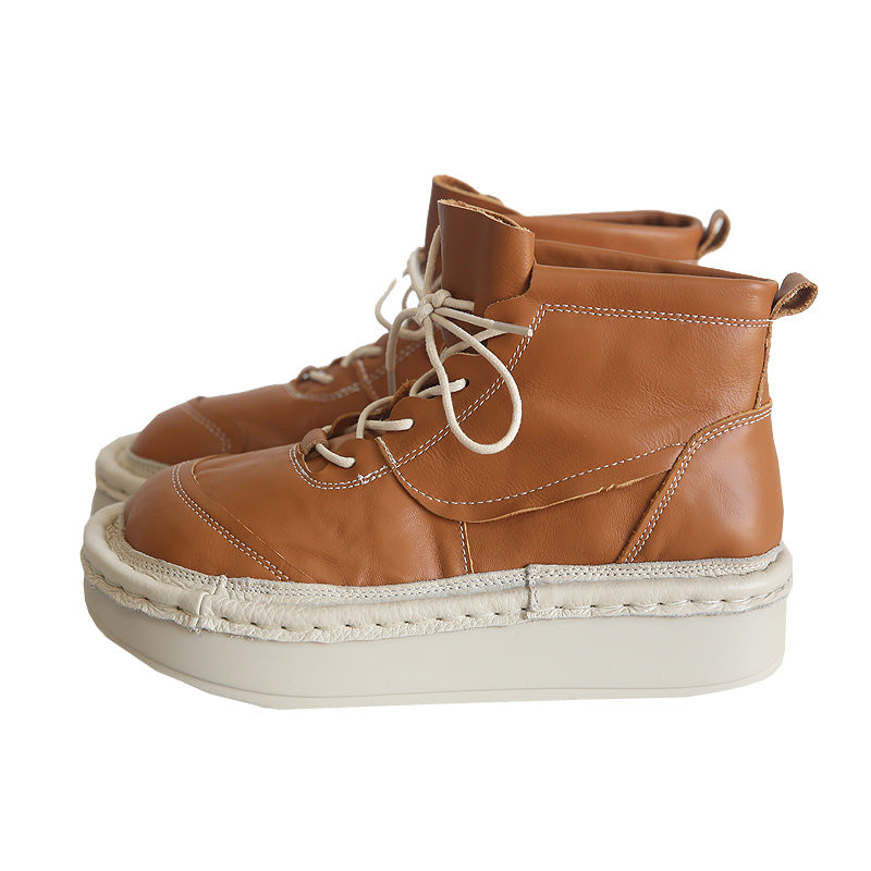 Women Leather Wide Toe Box Platform Casual Lace-up Boots