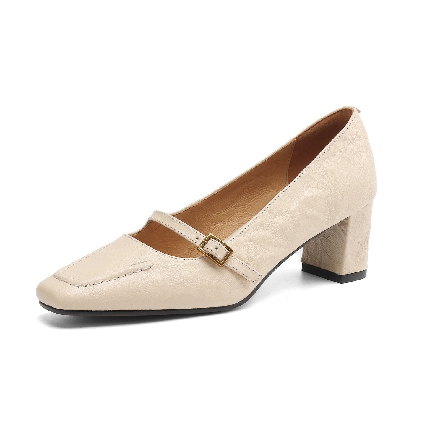 Women's Sheepskin Elegant Chunky Heel Buckle Pump