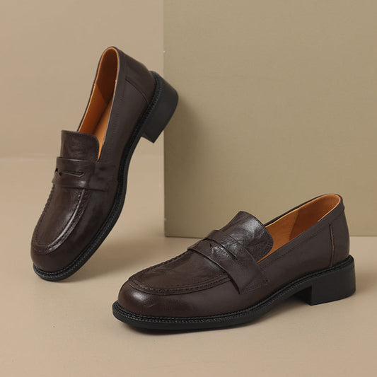 Women's Leather Round Toe Preppy Style Classic Low Heeled Loafers
