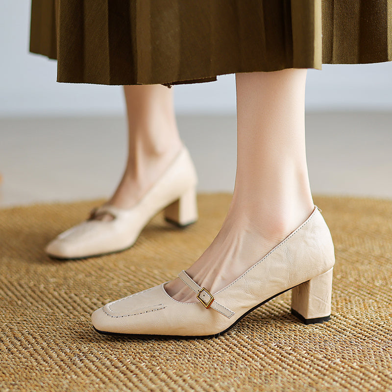 Women's Sheepskin Elegant Chunky Heel Buckle Pump