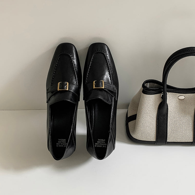 Women's Retro Square Toe Buckle Block Heeled Loafers Pump