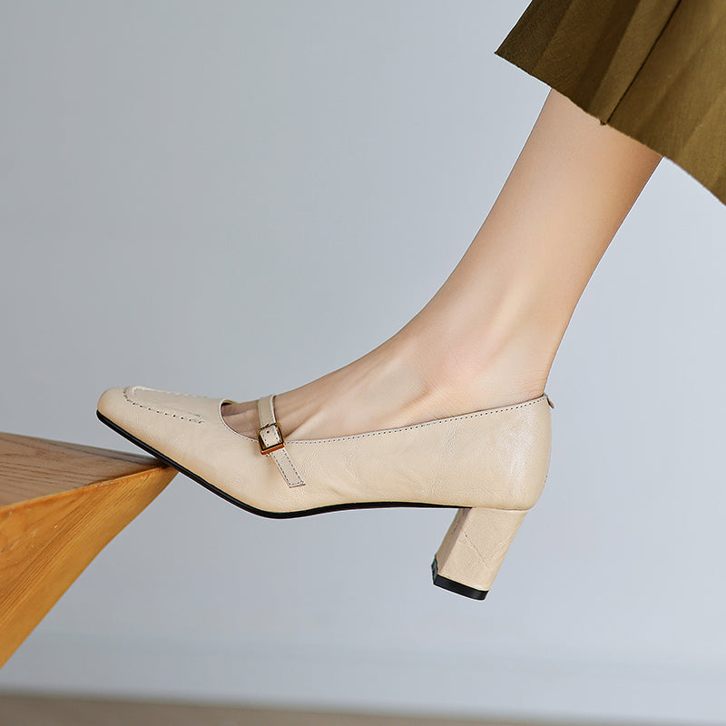 Women's Sheepskin Elegant Chunky Heel Buckle Pump
