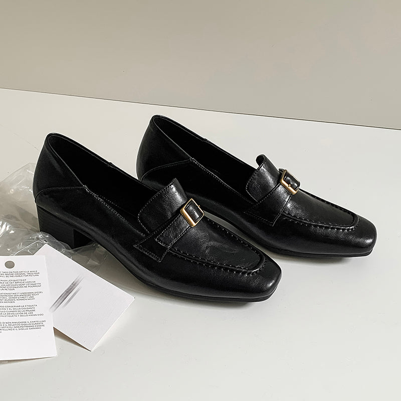 Women's Retro Square Toe Buckle Block Heeled Loafers Pump