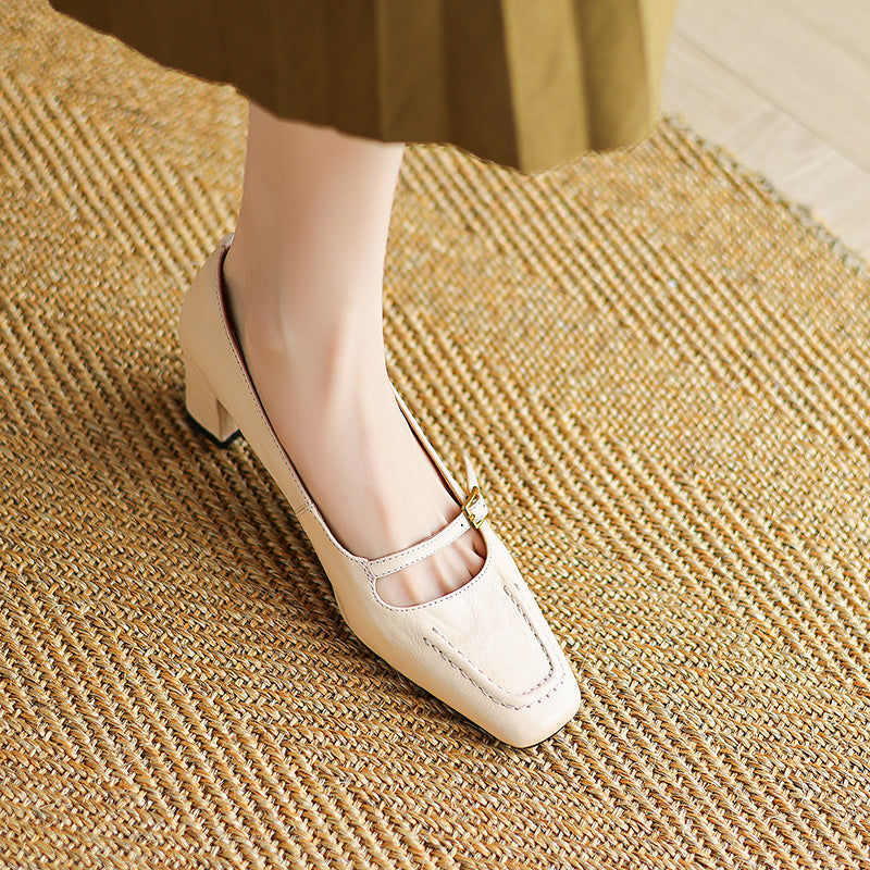 Women's Sheepskin Elegant Chunky Heel Buckle Pump