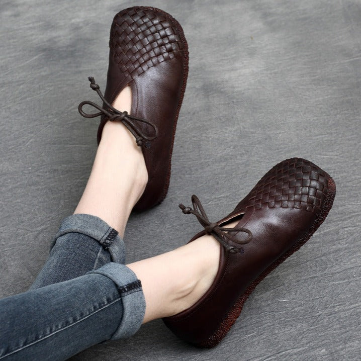 Handmade Leather Shoes for Women Round Toe Woven Casual Non Slip Walking Flat Shoes