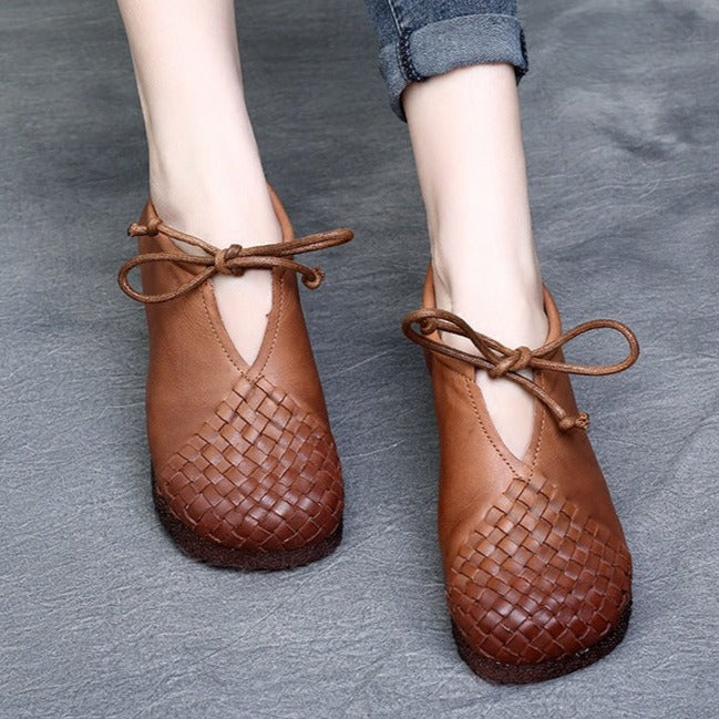 Handmade Leather Shoes for Women Round Toe Woven Casual Non Slip Walking Flat Shoes