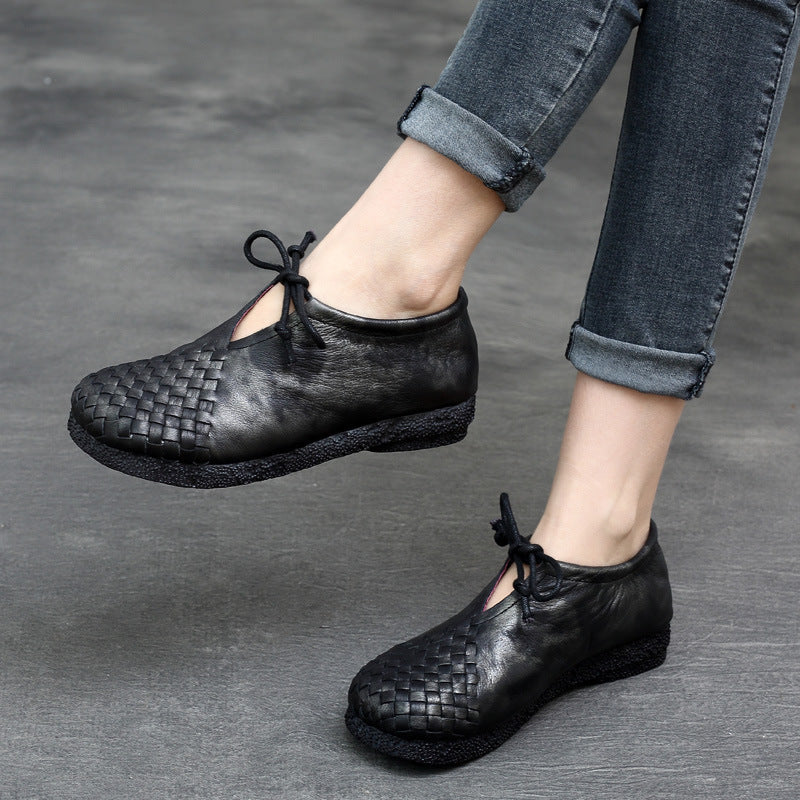 Handmade Leather Shoes for Women Round Toe Woven Casual Non Slip Walking Flat Shoes