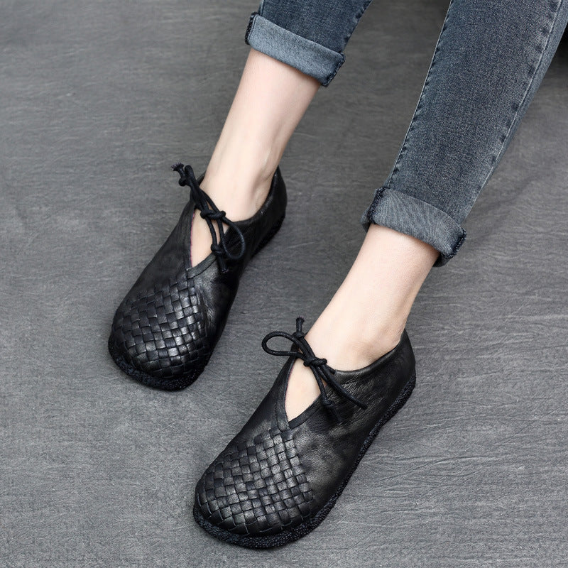Handmade Leather Shoes for Women Round Toe Woven Casual Non Slip Walking Flat Shoes