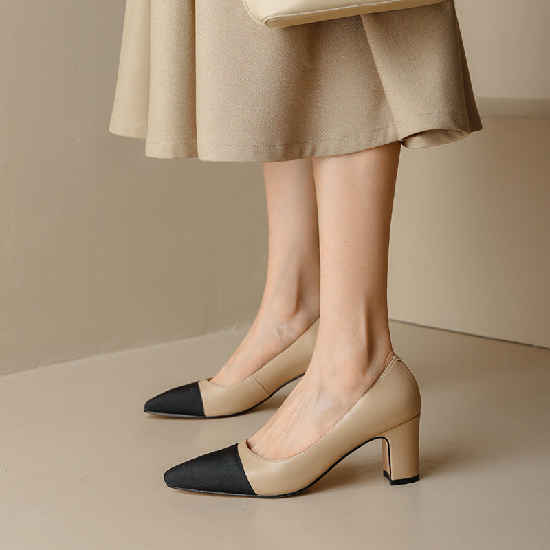 Women's Elegant Leather Office Patchwork Block Heel Pump