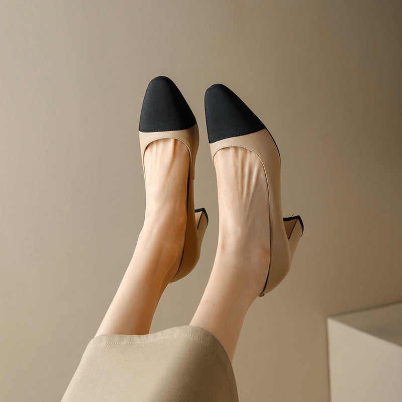 Women's Elegant Leather Office Patchwork Block Heel Pump