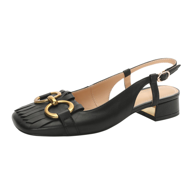 Women's Handmade Leather Tassel Metal Buckle Closed Toe Slingback Sandals