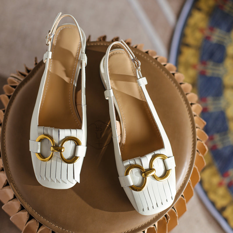 Women's Handmade Leather Tassel Metal Buckle Closed Toe Slingback Sandals