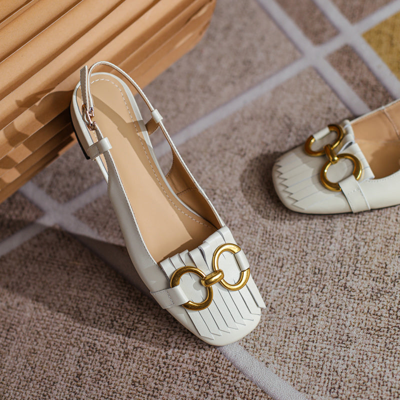 Women's Handmade Leather Tassel Metal Buckle Closed Toe Slingback Sandals