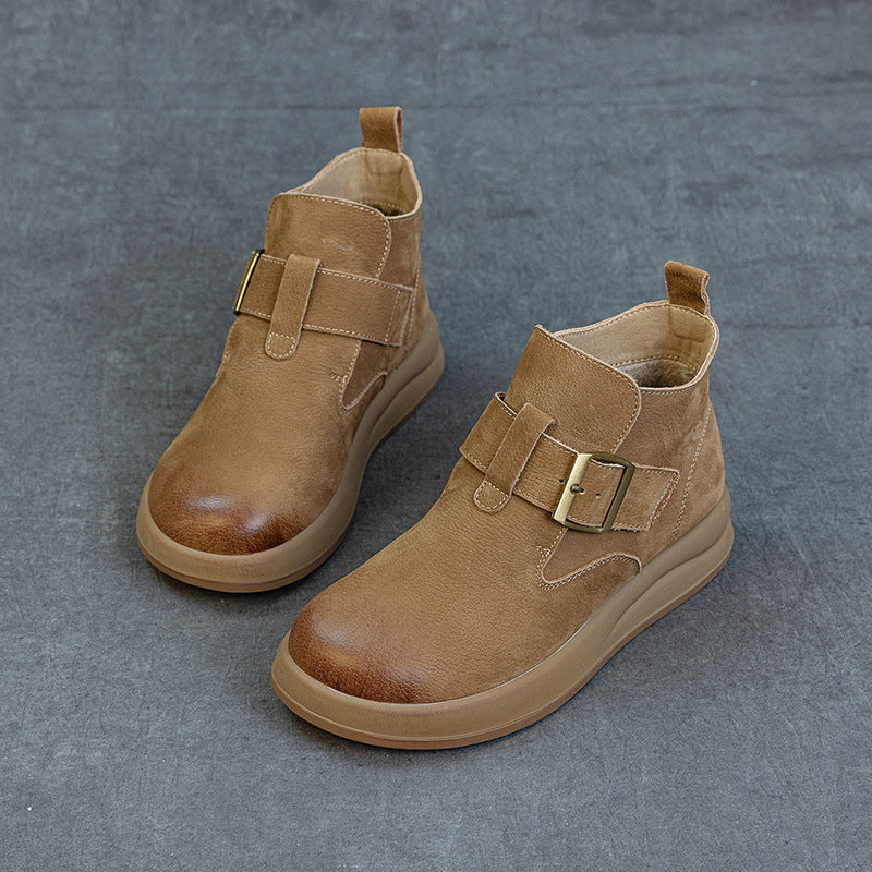 Women's Vintage Leather High-Top Ankle Boots – Buckle Strap Casual Style