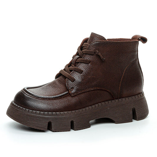 Women's Vintage Leather Platform Ankle Boots – Lace-Up Zipper Non-Slip Style