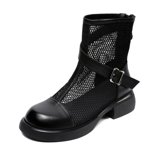 Women's Leather Summer Boots – Mesh Insert Breathable Ankle Shoes