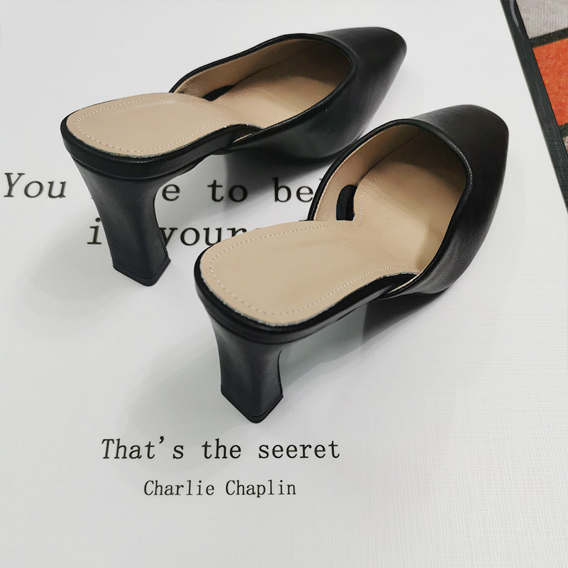 Women's Leather Square Toe High Heeled Mule Shoes