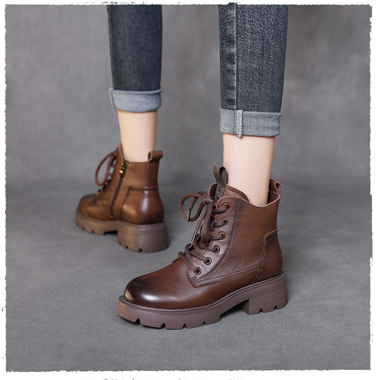 Women's Retro Platform Leather Ankle Boots – Zip & Lace-Up Design
