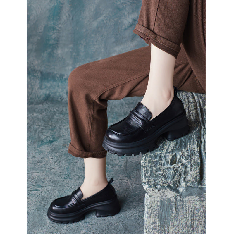 Womens Genuine Leather Heeled Platform Casual Loafers
