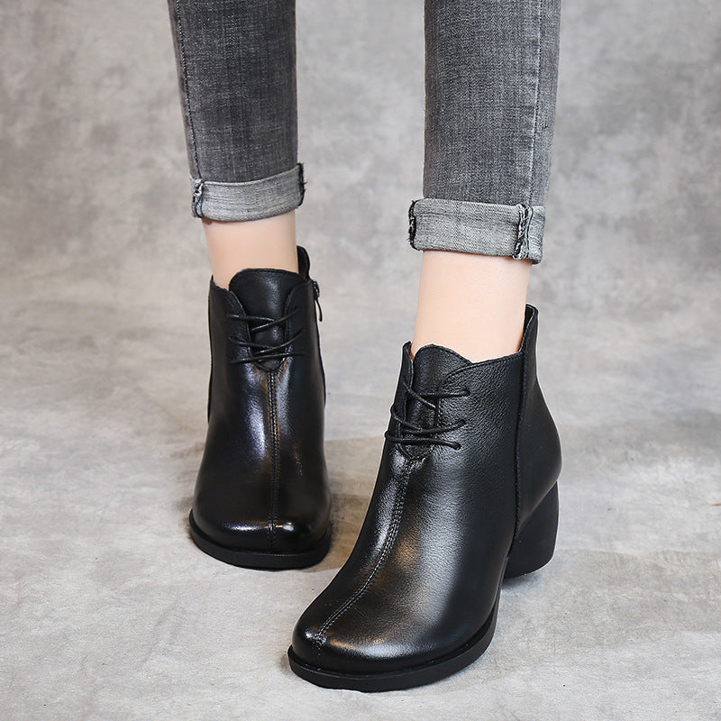 Women's Vintage Comfort Leather Block Heel Zipper Casual Ankle Boots