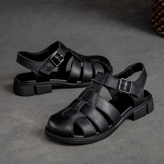 Women's Summer Closed Toe Leather Flat Fisherman Shoes Sandals