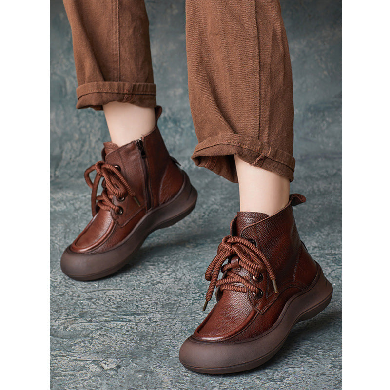 Women's Zip Lace-Up Leather Ankle Boots – Comfortable for Daily Wear