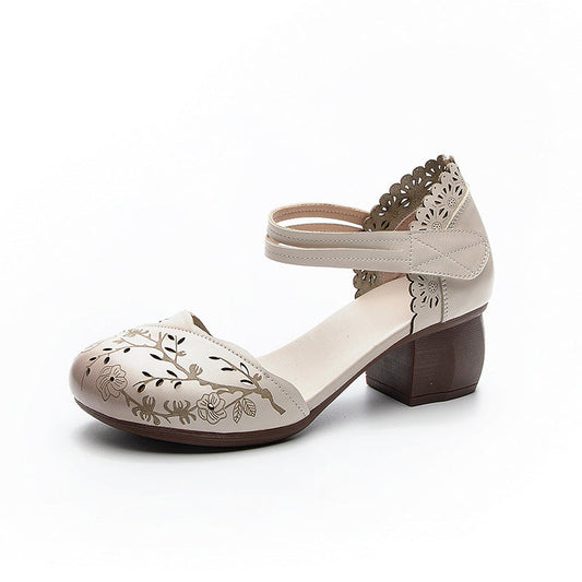 Women's Leather Block Heel Retro Hollow Out Printed Sandals