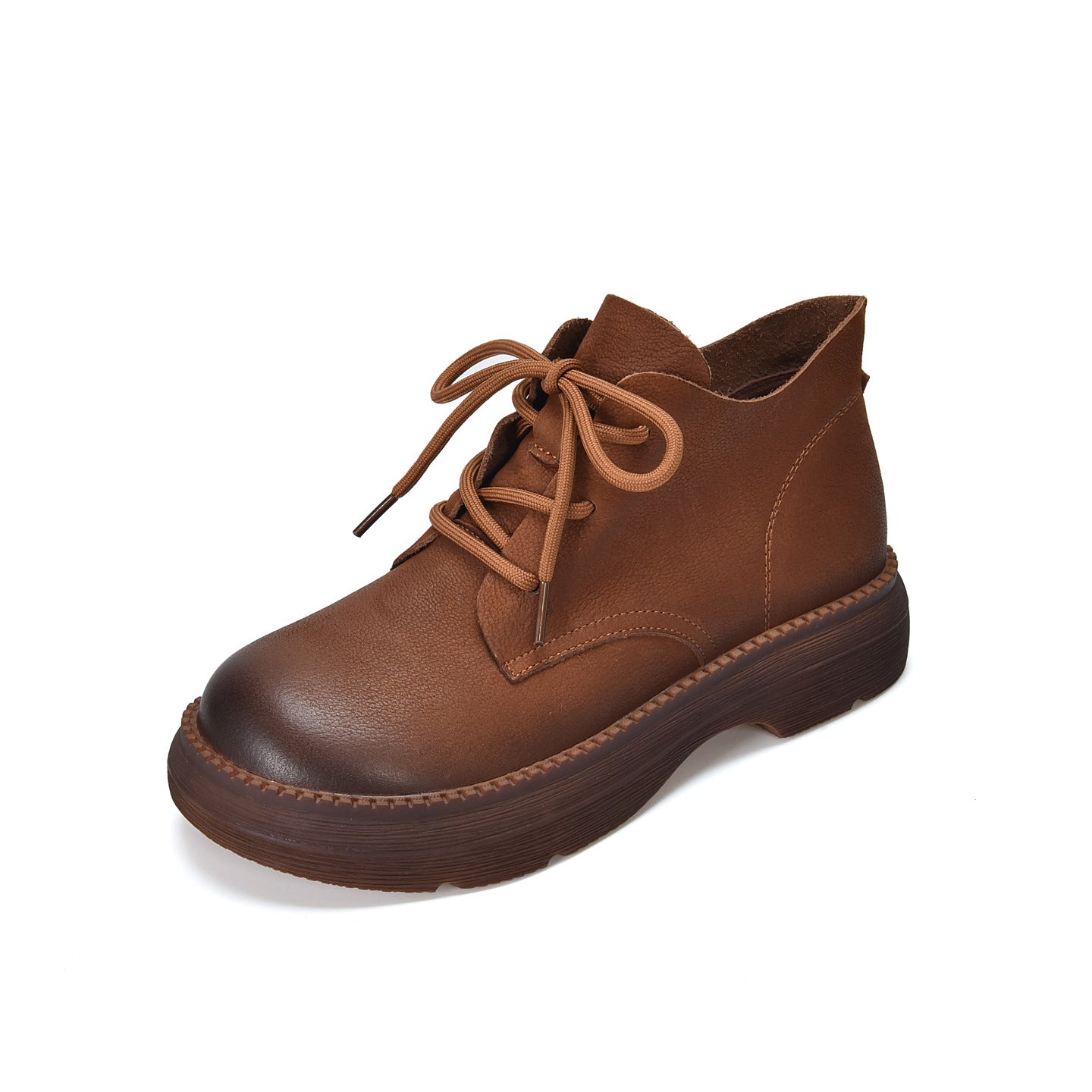 Women's Leather Platform High-Top Shoes – Round Toe Lace-Up Casual Style