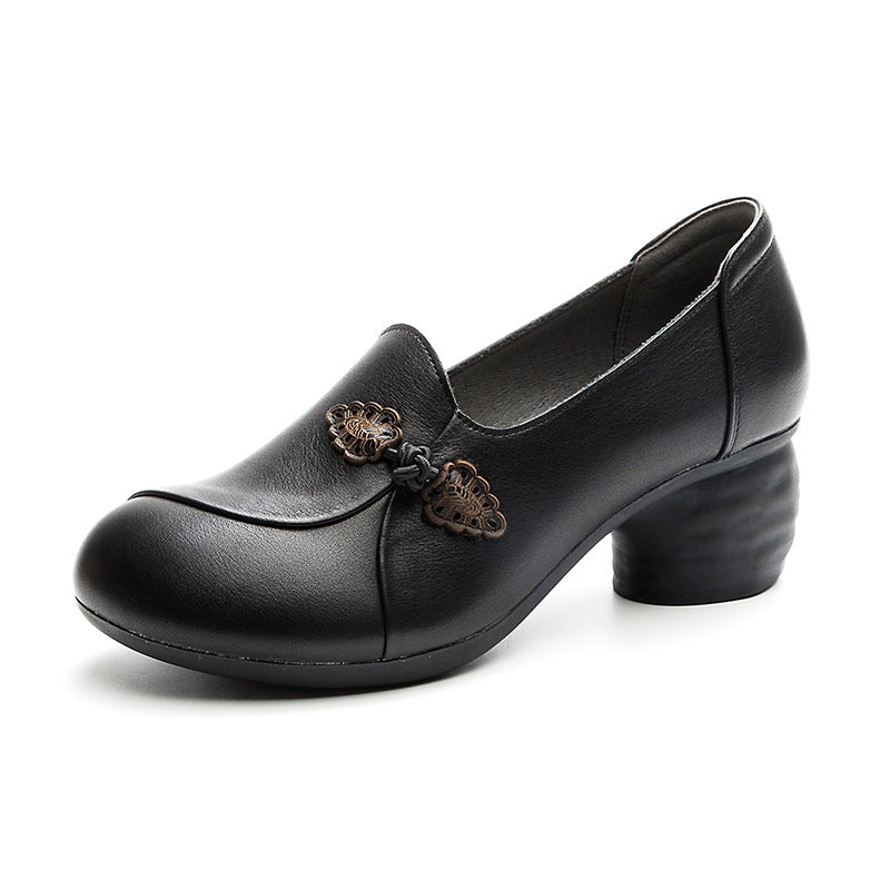 Women's Elegant Slip-On Mid Heels – Inspired by Chinese Frog Button Design