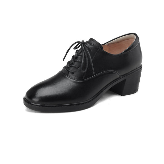 Women's Genuine Leather Oxford Shoes - Block Mid-Heel Lace-Up Design