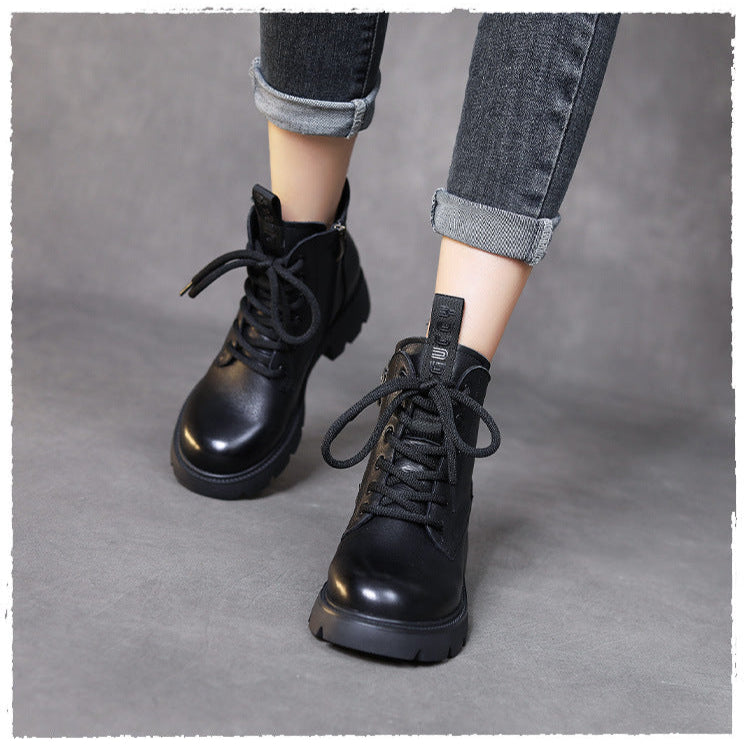 Women's Retro Platform Leather Ankle Boots – Zip & Lace-Up Design