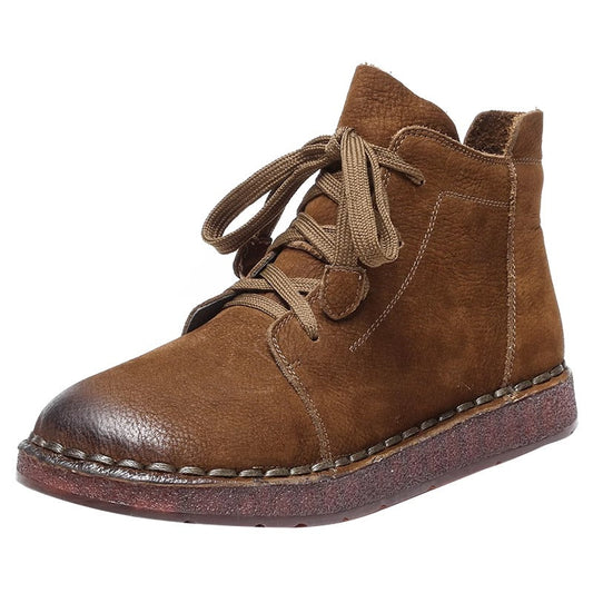 Women's Handmade Retro Leather Ankle Boots Zip Flat Shoes