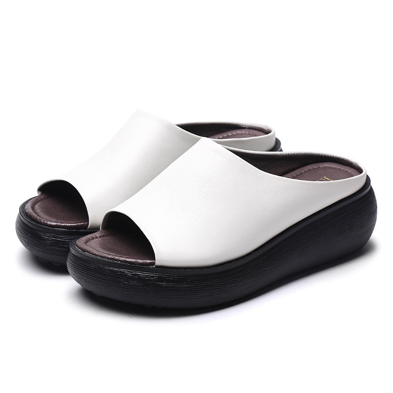Women's Leather Open Toe Chunky Wedge Heel Mule