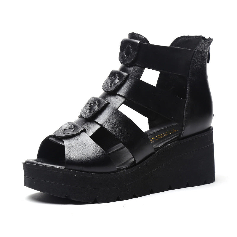 Women's Leather Open Toe Chunky Wedge Heel Roman Sandal Boots