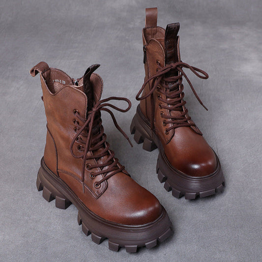 Women's Chunky Sole Combat Boots – Genuine Leather Lace-Up Ankle Boots