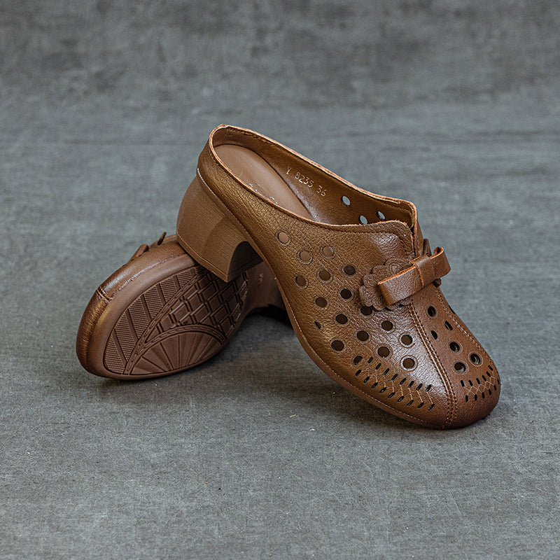 Women's Leather Bowknot Hollow Out Mid Heel Block Mule Shoes
