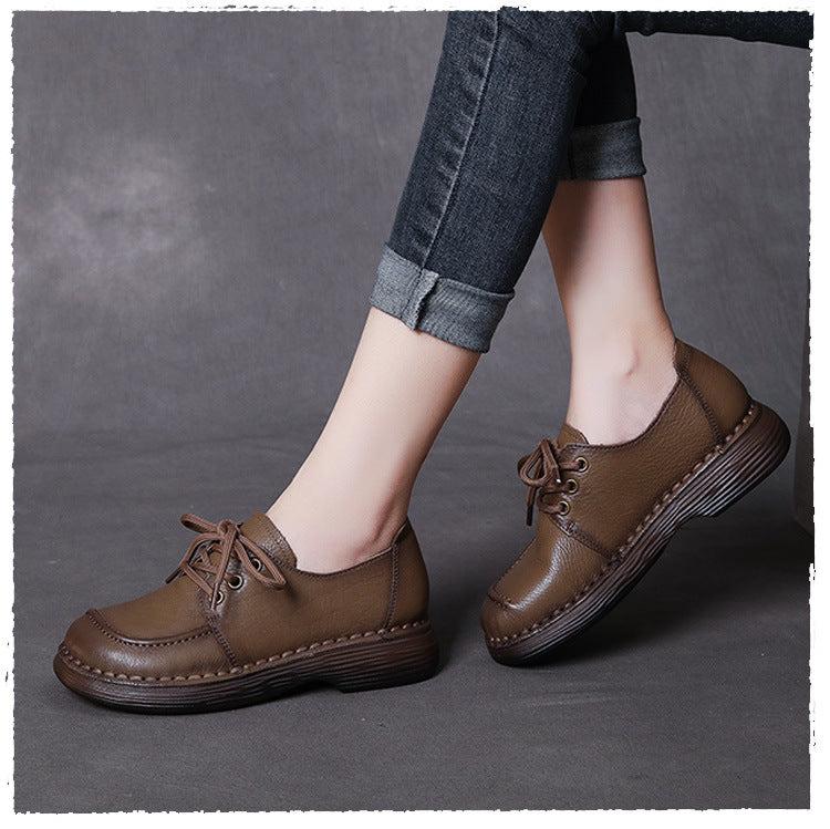 Handmade Genuine Leather Soft Sole Casual Comfort Lace Up Flat Women's Shoes