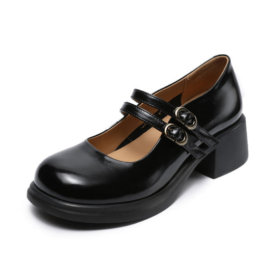 Double Buckle Leather Block heel Mary Jane Pumps Women's Shoes