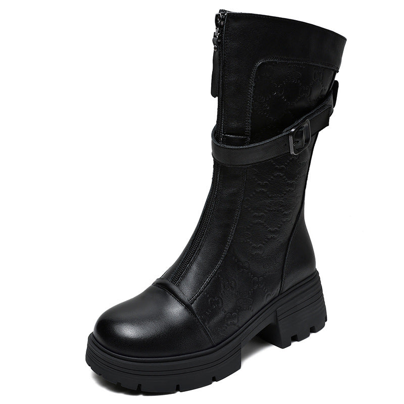Women's Mid-Calf Embossed Genuine Leather Boots – Buckle Detail Chunky Heel Platform