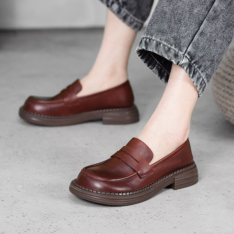 Women's Vintage Leather Handmade Wide Toe Box Loafers
