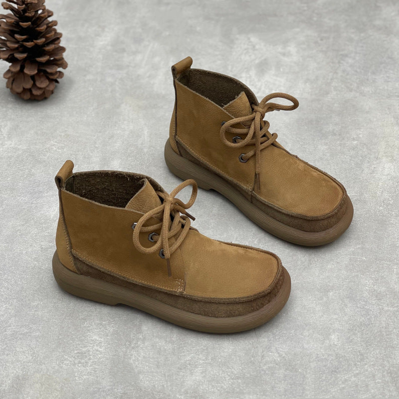 Women's Retro Leather Patchwork Boots – Lace-Up Soft Short Ankle Shoes