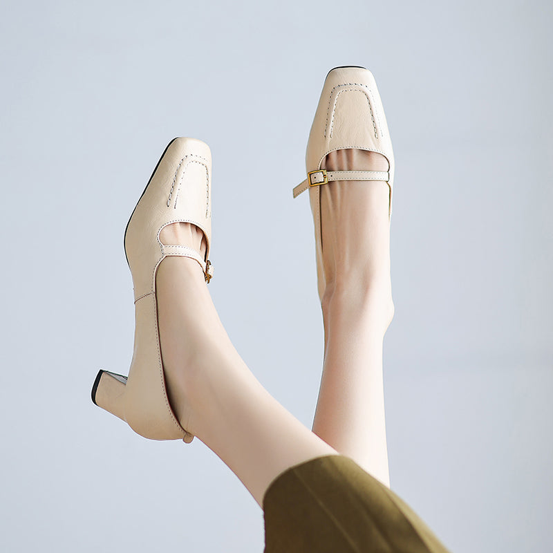 Women's Sheepskin Elegant Chunky Heel Buckle Pump