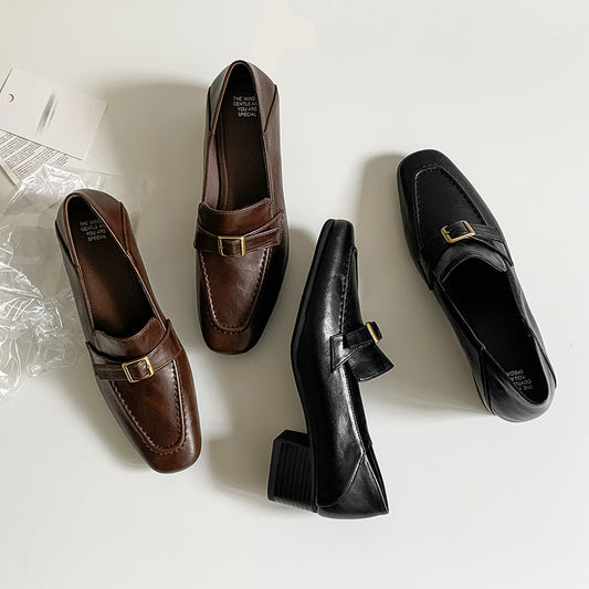 Women's Retro Square Toe Buckle Block Heeled Loafers Pump